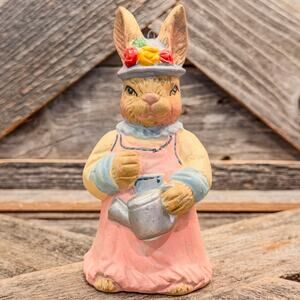 Vintage Anthropomorphic Ceramic Bisque Easter Bunny Ornament w Watering Can, 5"H